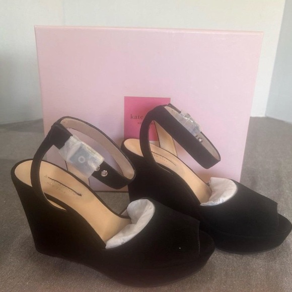 kate spade Black Suede Peep-Toe Wedge Sandals - Picture 3 of 6
